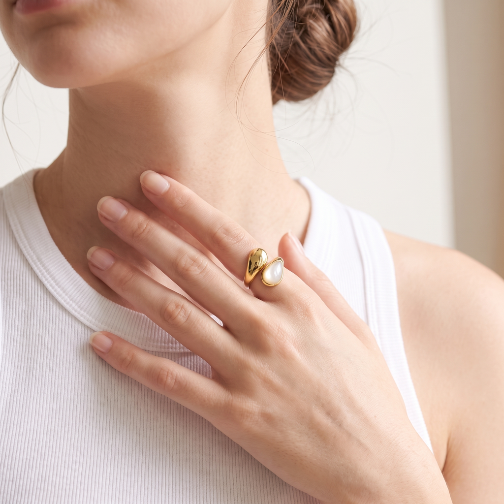 Bague Rosée, acier inoxydable, cabochon nacré, ajustable