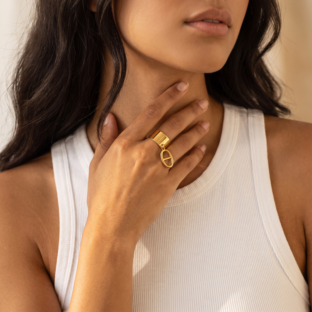 Bague Escale, acier inoxydable, large anneau et pendentif maille, ajustable